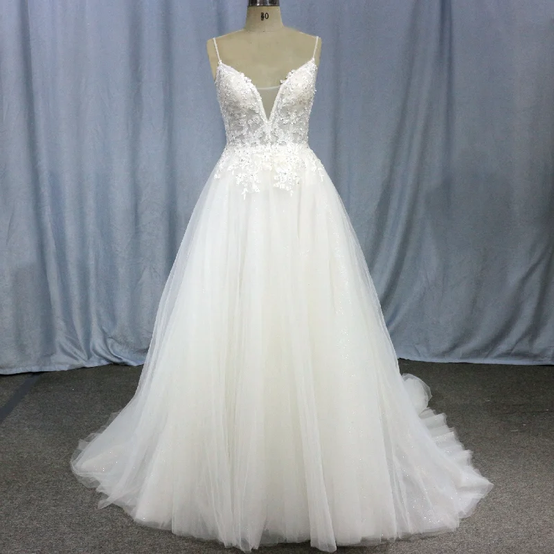 A Line Bling Tulle V Neck Wedding Dresses with Spaghetti Straps