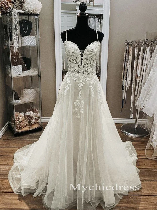 A-Line Lace Beach Wedding Dresses Sleeveless V-neck Tulle Applique