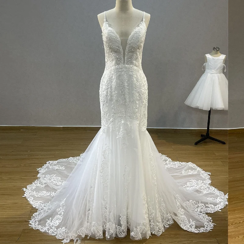 Plunging V-Neck Backless Lace Spaghetti Straps Mermaid Wedding Dress