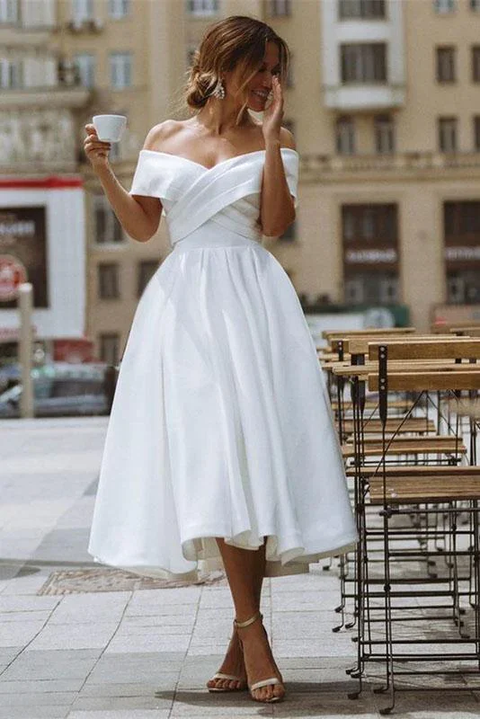 Beach White Short Wedding Dress Satin Graduation Dress Off the Shoulder