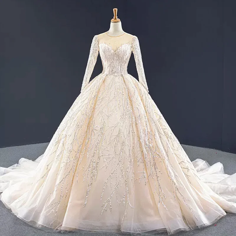 Champagne Ball Gown Tulle Sequins Long Sleeve Wedding Dress