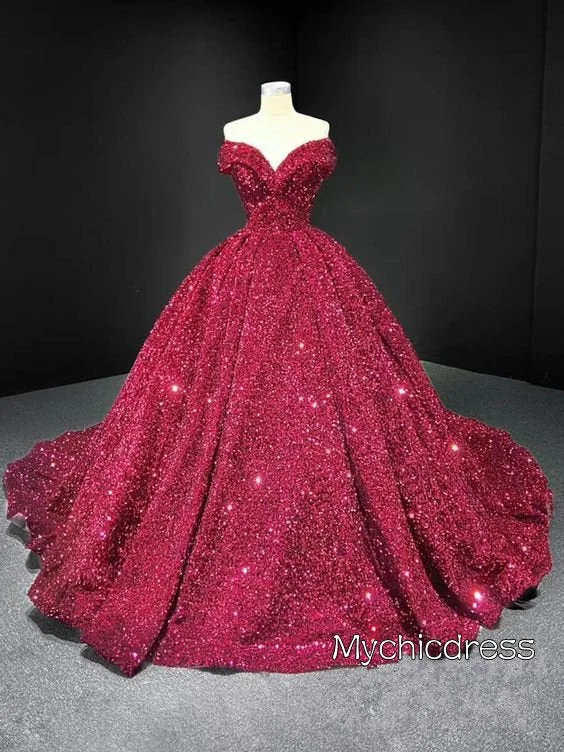 Dark Red Quinceanera Dresses Sequin Off the Shoulder Glitter Wedding Gown