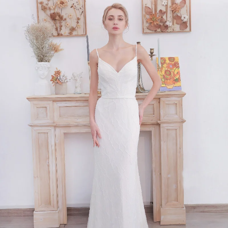 Glamorous Spaghetti Strap Long Fishtail Wedding Dress