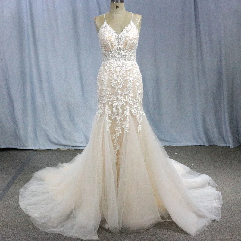 Lace Applique Spaghetti Strap Champagne Mermaid Wedding Dress