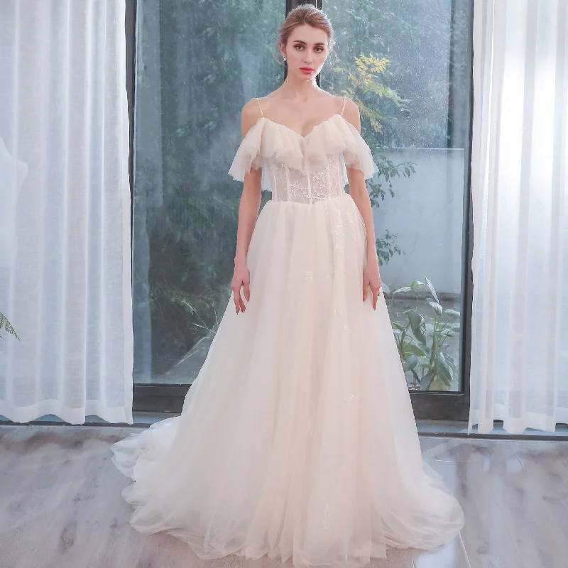 Lightweight Tulle A Line Skirt Wedding Dress with Spaghetti Straps