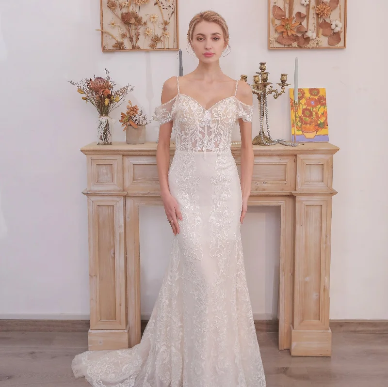 Long Spaghetti Straps Mermaid Lace Wedding Dresses with Beads