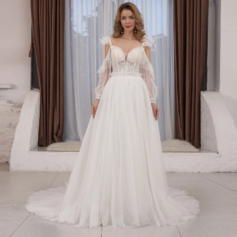 Low Back Off Shoulder Long Sleeve A-line Tulle Wedding Dress