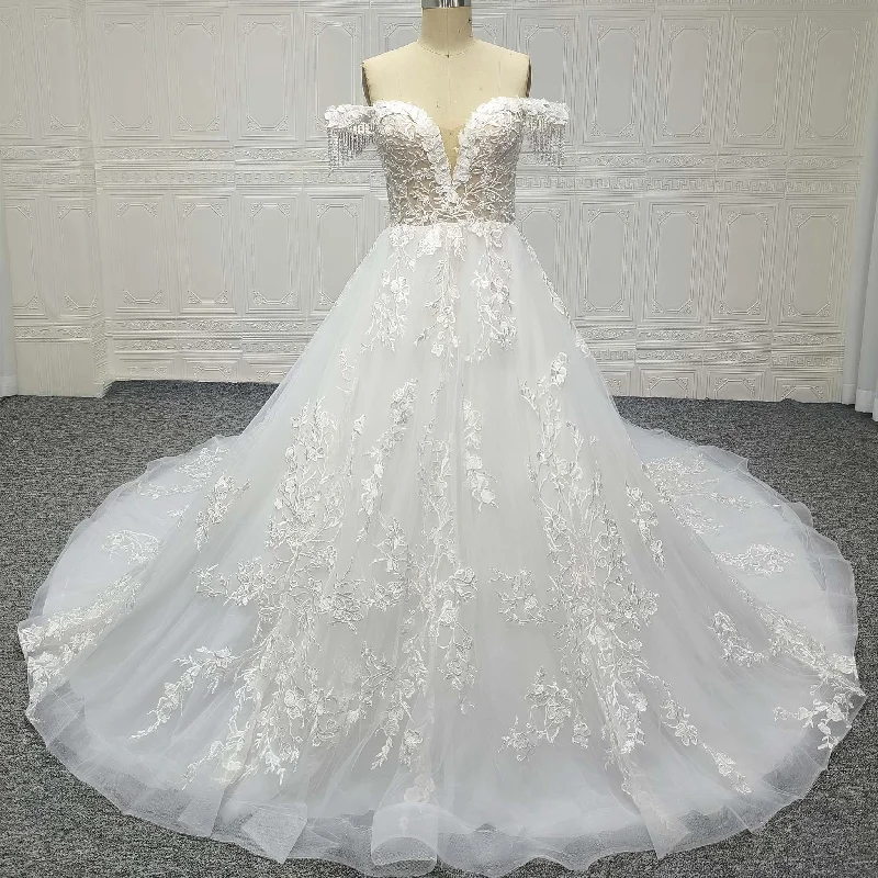 Off Shoulder Ballgown Sheer Bodice Wedding Dress with Long Train