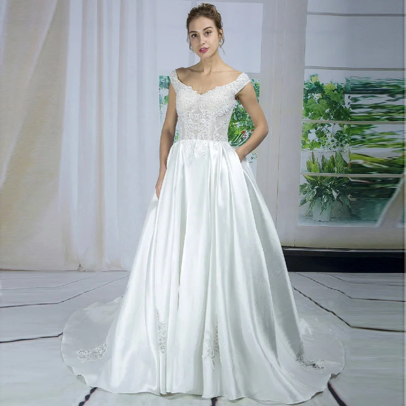 Off Shoulder Floral Lace Satin A-line Wedding Dress with Pocket