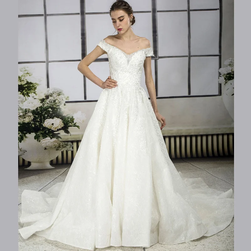 Off Shoulder V-neck A-line Lace Bridal Wedding Dress Cathedral Train