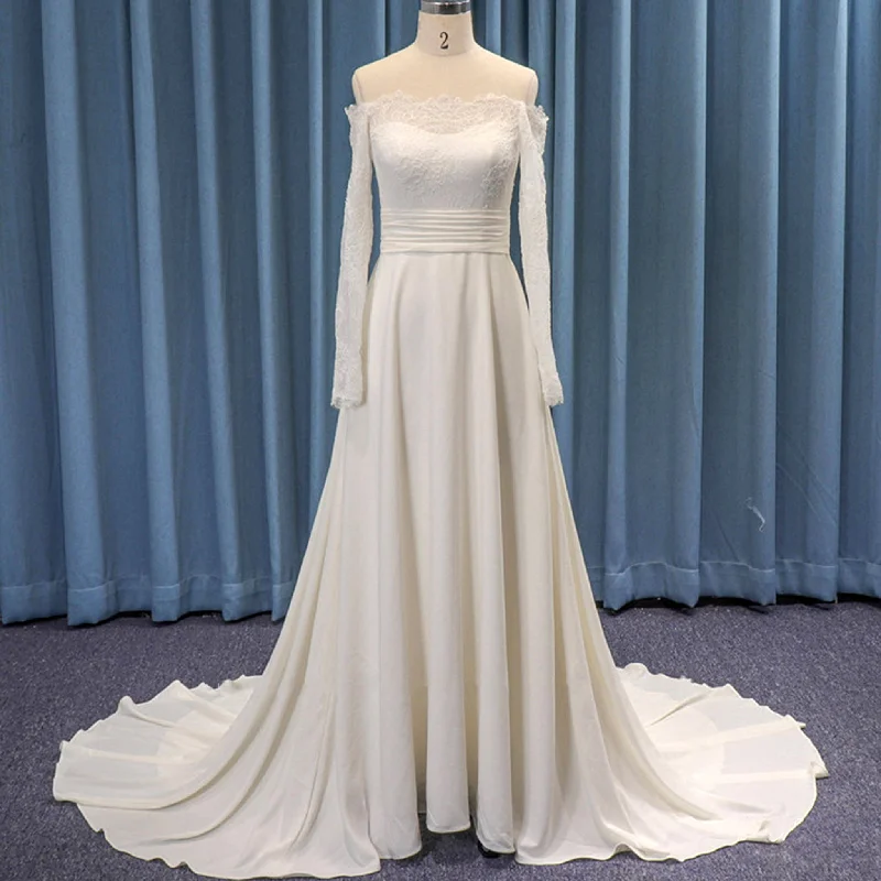 Off the Shoulder Long Sheer Sleeve Sheath Satin Wedding Dress