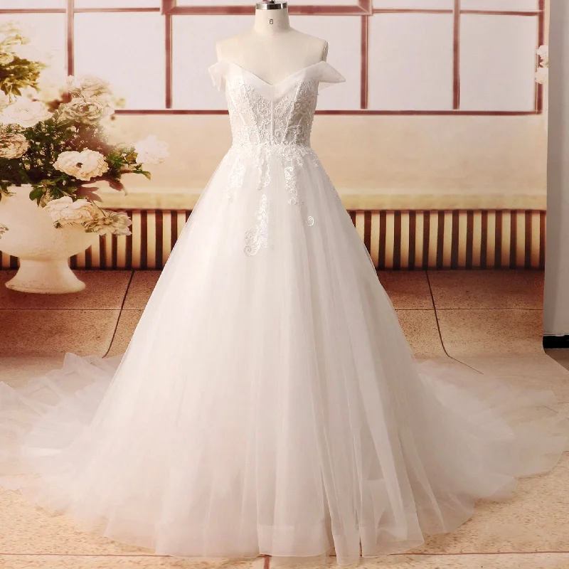 Off the Shoulder Tulle Lace A-line Double V Wedding Dress