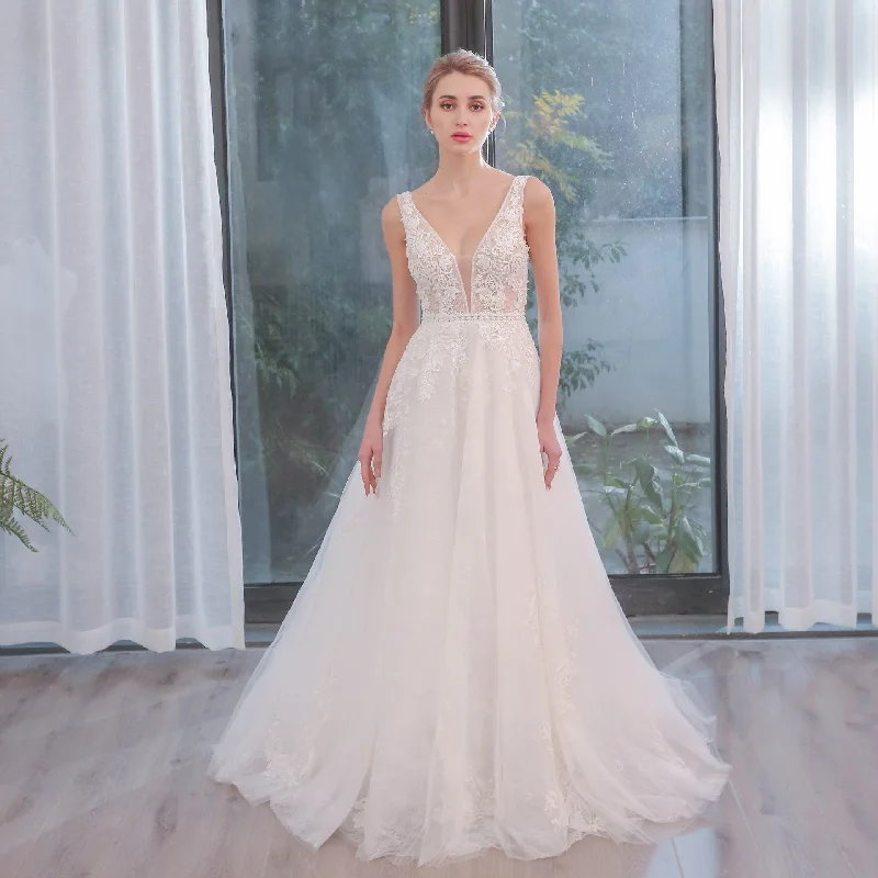 Plunging Neckline Sparkle Tulle A Line Wedding Dress with Tank Sleeve