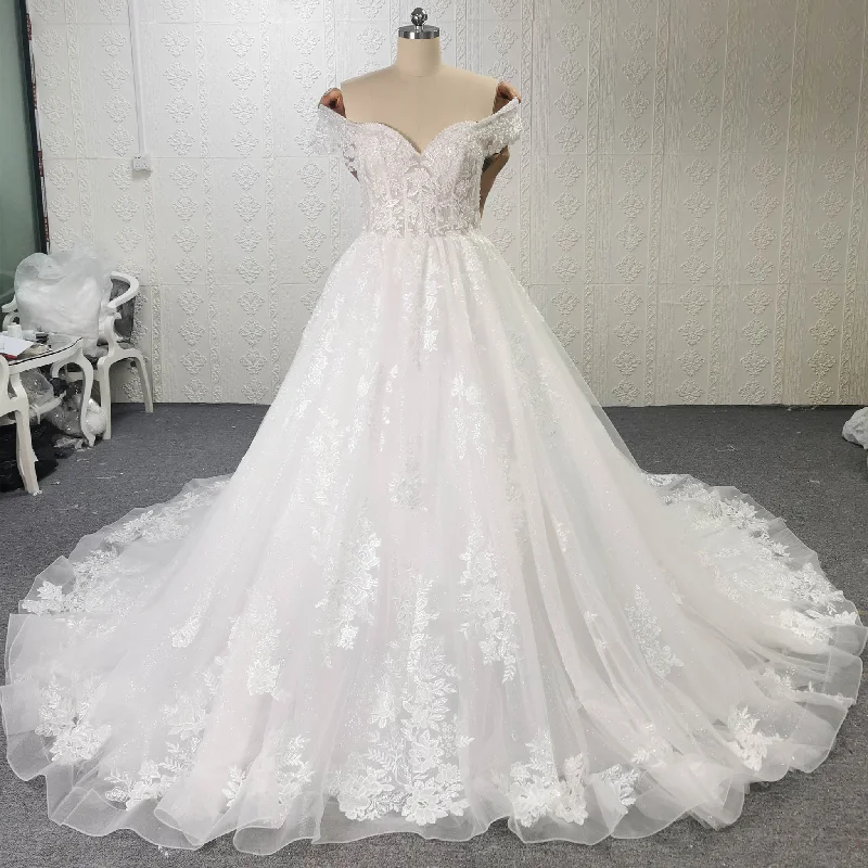 Puff Skirt Ball Gown Off Shoulder Wedding Dress with Long Train