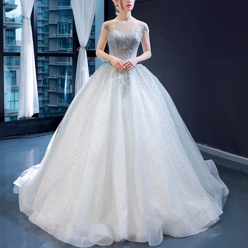 Puffy Skirt Sparkly Empire Waist Wedding Dress with Cap Sleeve