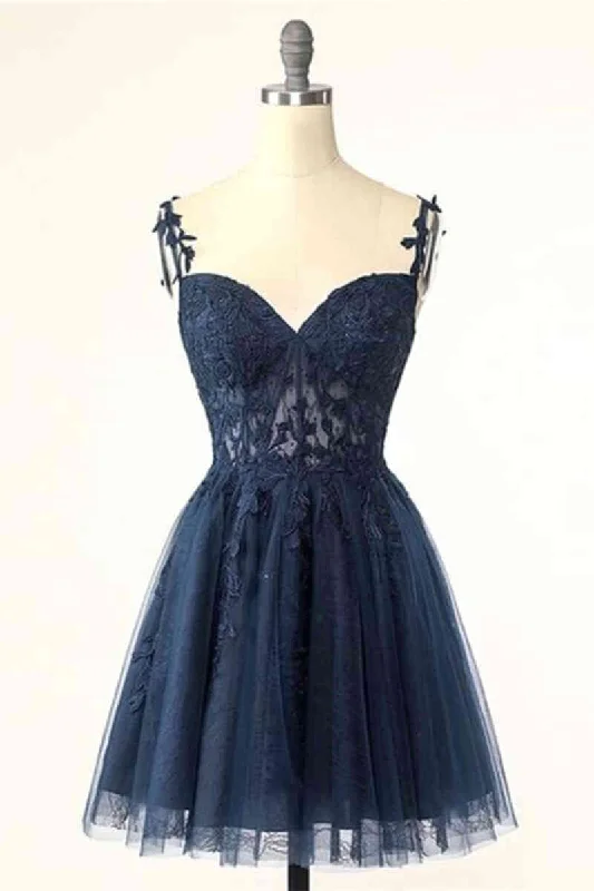 Short Navy Blue Homecoming Dresses 2025 Lace Wedding Guest Dress