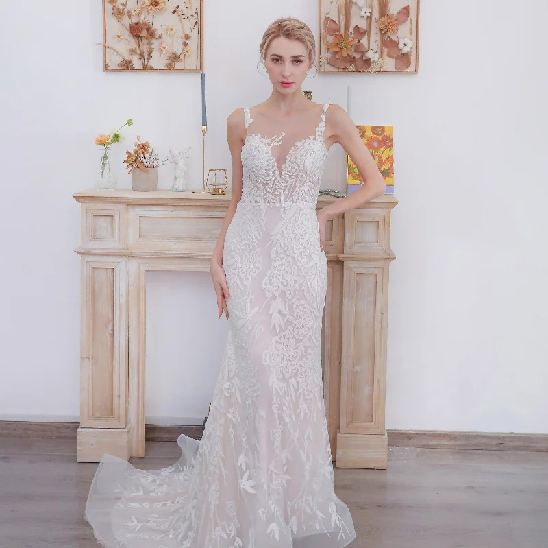 Sleeveless Illusion Neckline Sheer Lace Mermaid Wedding Dress