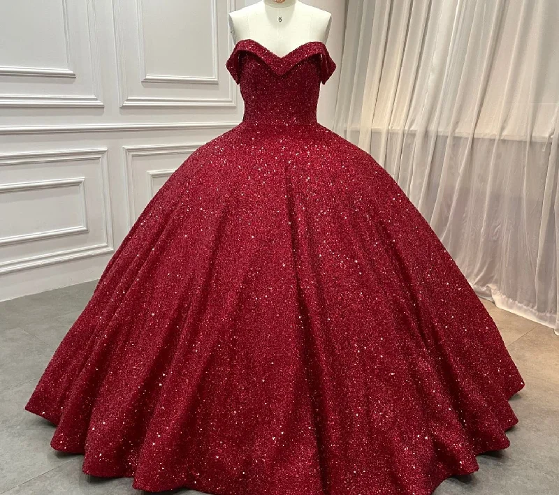 Strapless sequin ball gown dark red wedding dresses sleeveless