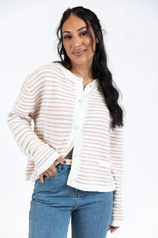 Abundant Mindset Ivory Multi Fuzzy Striped Cardigan