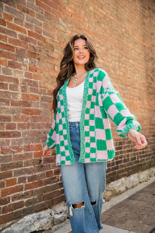 Atta Girl Pink and Green Checkered Cardigan