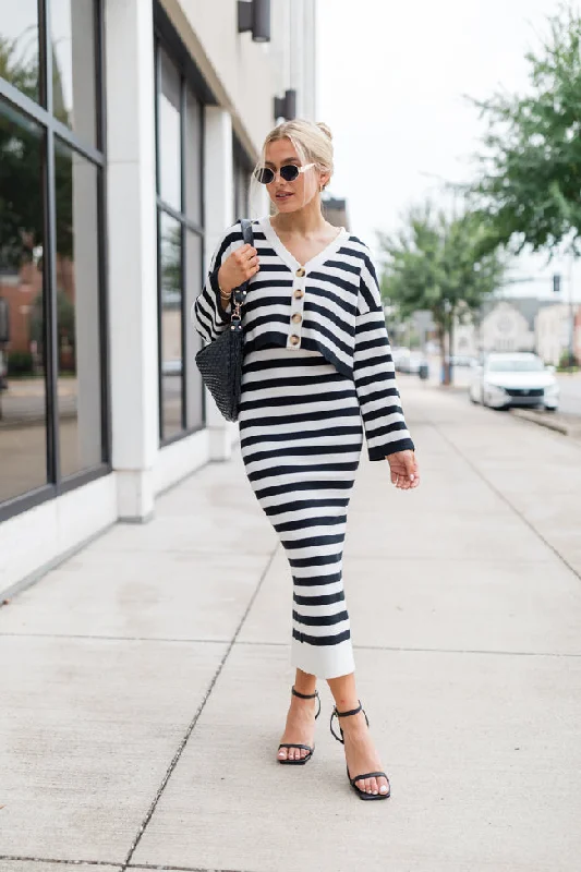 Feels Like Love Black and White Striped Dress and Cardigan Set FINAL SALE