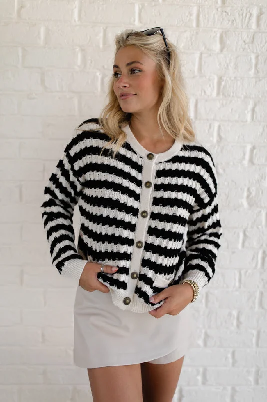 Just Say When Black and Ivory Striped Textured Cardigan FINAL SALE